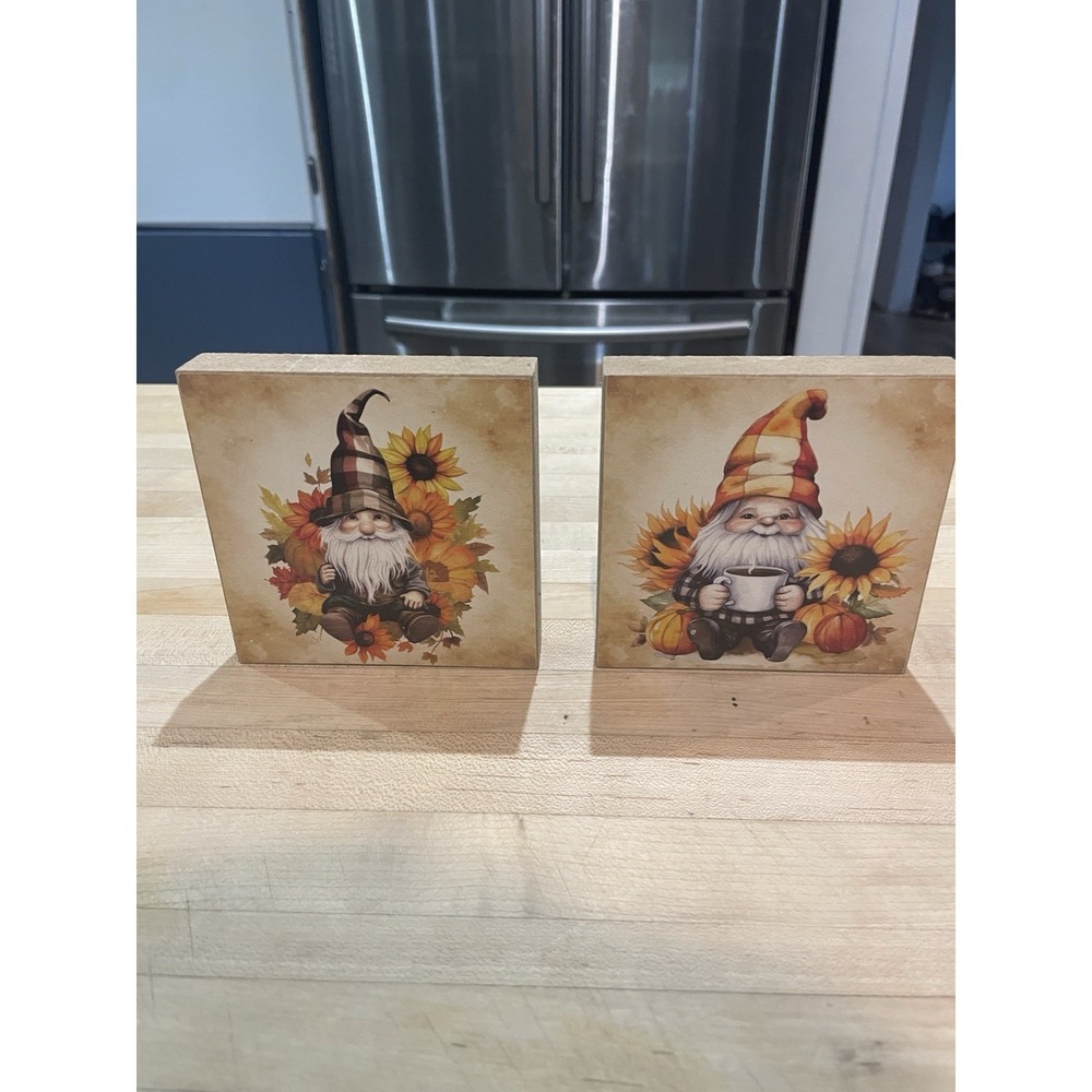 Set Of 2 5 X 5 Gnome Coffee Block Shelf Sitters Fall Decor Pumpkin Sunflower
